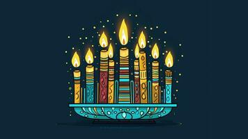 hanukkah menora kandelaber med nio belyst ljus. video platt tecknad serie animering design element. generativ ai