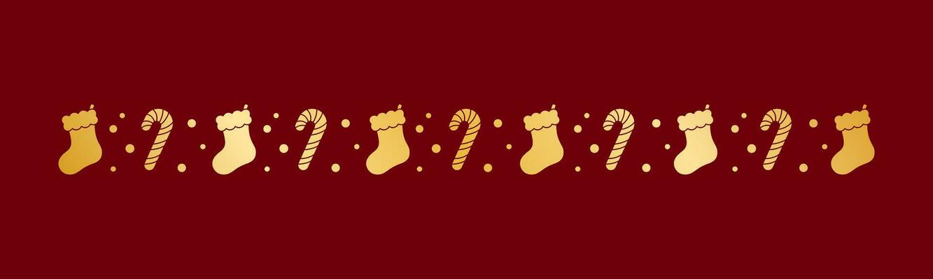 Gold Christmas themed decorative border and text divider, Christmas Stocking and Candy Cane Pattern Silhouette. Vector Illustration.