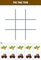 Education game for children tic tac toe set with cute cartoon airplane and tractor picture printable transportation worksheet vector