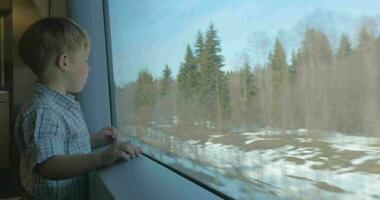 garçon regardant la scène de la nature à travers la fenêtre du train video