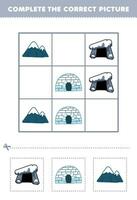 Education game for children complete the correct picture of a cute cartoon igloo den and snow mountain printable winter worksheet vector