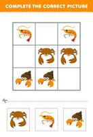 Education game for children complete the correct picture of a cute cartoon crab shrimp and hermit crab printable underwater worksheet vector