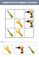 Education game for children complete the correct picture of a cute cartoon wrench drill and screwdriver printable tool worksheet vector