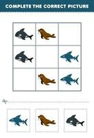 Education game for children complete the correct picture of a cute cartoon shark walrus and whale printable underwater worksheet vector