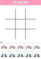 Education game for children tic tac toe set with cute cartoon bicycle and scooter picture printable transportation worksheet vector