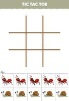 Education game for children tic tac toe set with cute cartoon ant and snail picture printable bug worksheet vector