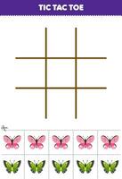 Education game for children tic tac toe set with cute cartoon butterfly picture printable bug worksheet vector