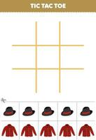 Education game for children tic tac toe set with cute cartoon fedora hat and flannel picture printable wearable clothes worksheet vector