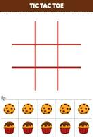 Education game for children tic tac toe set with cute cartoon cookie and cupcake picture printable food worksheet vector