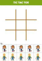 Education game for children tic tac toe set with cute cartoon farmer and carpenter picture printable profession worksheet vector