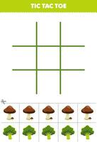 Education game for children tic tac toe set with cute cartoon mushroom and broccoli picture printable vegetable worksheet vector