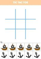 Education game for children tic tac toe set with cute cartoon pirate ship and anchor picture printable pirate worksheet vector