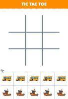 Education game for children tic tac toe set with cute cartoon school bus and boat picture printable transportation worksheet vector