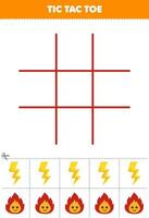 Education game for children tic tac toe set with cute cartoon thunder and fire picture printable nature worksheet vector