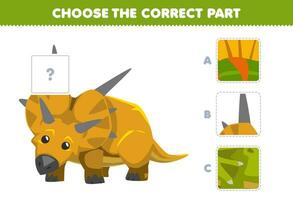Education game for children choose the correct part to complete a cute cartoon xenoceratops picture printable prehistoric dinosaur worksheet vector