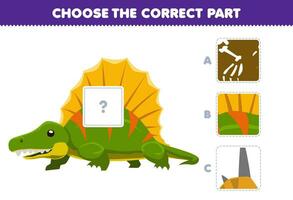 Education game for children choose the correct part to complete a cute cartoon dimetrodon picture printable prehistoric dinosaur worksheet vector