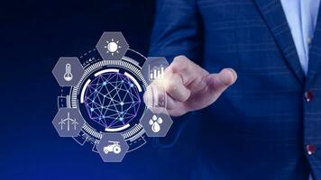 Using hand pressing with infographics Smart farming and precision agriculture with visual icon, Innovation technology for smart farm system, Agriculture management, smart technology concept photo