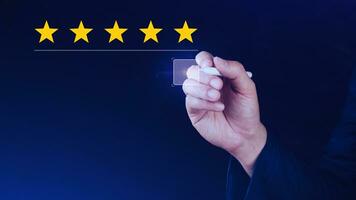 5 star rating. Businessman customer giving five star rating, Review, Service rating, Satisfaction, Customer service experience and feedback review satisfaction. photo