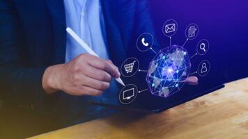 Businessman touching Global network connection digital business hologram, Big data analytics and business intelligence concept, Infograph, technology. photo