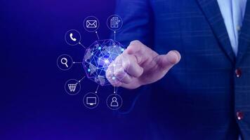 Businessman touching Global network connection digital business hologram, Big data analytics and business intelligence concept, Infograph, technology. photo