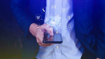 Businessman touching Global network connection digital business hologram on smartphone, Big data analytics and business intelligence concept, Infograph, technology. photo