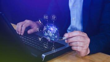 Businessman touching Global network connection digital business hologram, Big data analytics and business intelligence concept, Infograph, technology. photo