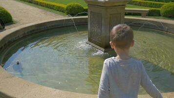 View of small boy throwing coins into the water, Prague, Czech Republic video