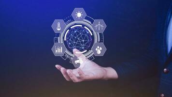 Using hand holding with infographics Smart farming and precision agriculture with visual icon, Innovation technology for smart farm system, Agriculture management, smart technology photo