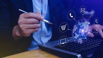 Businessman touching Global network connection digital business hologram, Big data analytics and business intelligence concept, Infograph, technology. photo