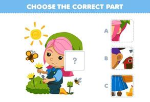 Education game for children choose the correct part to complete a cute cartoon farmer girl picking flowers picture printable farm worksheet vector