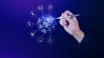 Businessman touching Global network connection digital business hologram, Big data analytics and business intelligence concept, Infograph, technology. photo