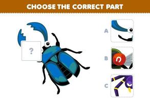 Education game for children choose the correct part to complete a cute cartoon stag beetle picture printable bug worksheet vector