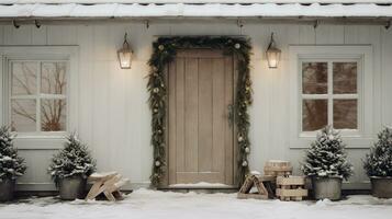 Generative AI, House front in the winter with Christmas decoration, wreath and garland. Snow cosy season photo