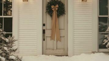 Generative AI, House front in the winter with Christmas decoration, wreath and garland. Snow cosy season photo