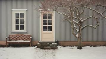 Generative AI, House front in the winter with Christmas decoration, wreath and garland. Snow cosy season photo