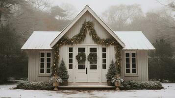 Generative AI, House front in the winter with Christmas decoration, wreath and garland. Snow cosy season photo