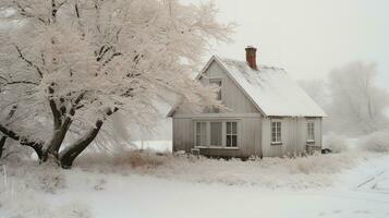 Generative AI, House front in the winter with Christmas decoration, wreath and garland. Snow cosy season photo