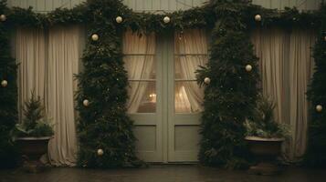 Generative AI, House front in the winter with Christmas decoration, wreath and garland. Snow cosy season photo