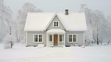 Generative AI, House front in the winter with Christmas decoration, wreath and garland. Snow cosy season photo