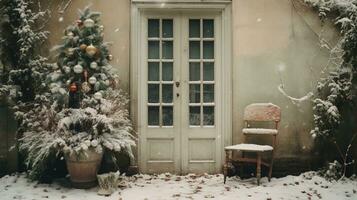 generativo ai, casa frente en el invierno con Navidad decoración, guirnalda y guirnalda. nieve acogedor temporada foto