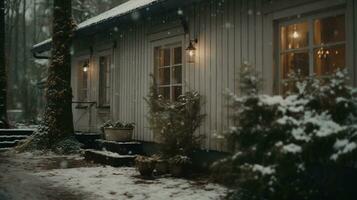 Generative AI, House front in the winter with Christmas decoration, wreath and garland. Snow cosy season photo