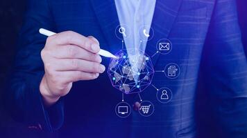 Businessman touching Global network connection digital business hologram, Big data analytics and business intelligence concept, Infograph, technology. photo