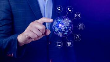Businessman touching Global network connection digital business hologram, Big data analytics and business intelligence concept, Infograph, technology. photo