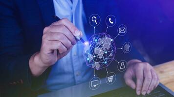 Businessman touching Global network connection digital business hologram, Big data analytics and business intelligence concept, Infograph, technology. photo