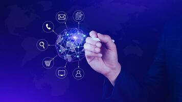 Businessman touching Global network connection digital business hologram, Big data analytics and business intelligence concept, Infograph, technology. photo
