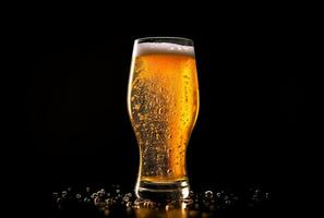 A mug of cold beer with bubbles on a dark background. AI Generated photo