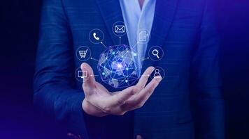 Businessman holding Global network connection digital business hologram, Big data analytics and business intelligence concept, Infograph, technology. photo