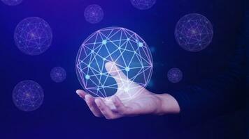 Businessman holding with virtual global connection concept, grow earth and global online networking connection with data exchanges, global communication network security concept. photo