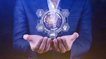 Using hand holding with infographics Smart farming and precision agriculture with visual icon, Innovation technology for smart farm system, Agriculture management, smart technology concept photo