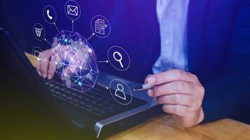 Businessman touching Global network connection digital business hologram, Big data analytics and business intelligence concept, Infograph, technology. photo